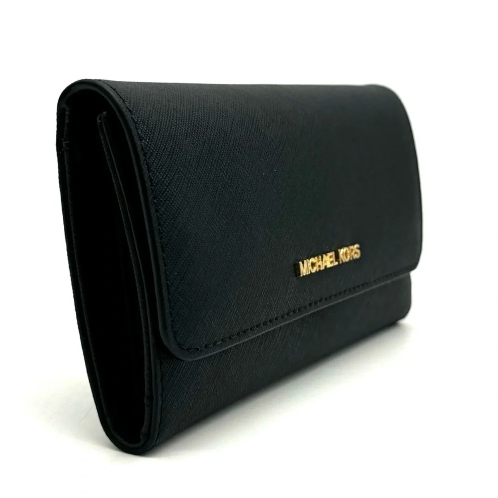 Michael Kors Large Trifold Wallet Black Leather Black/Gold